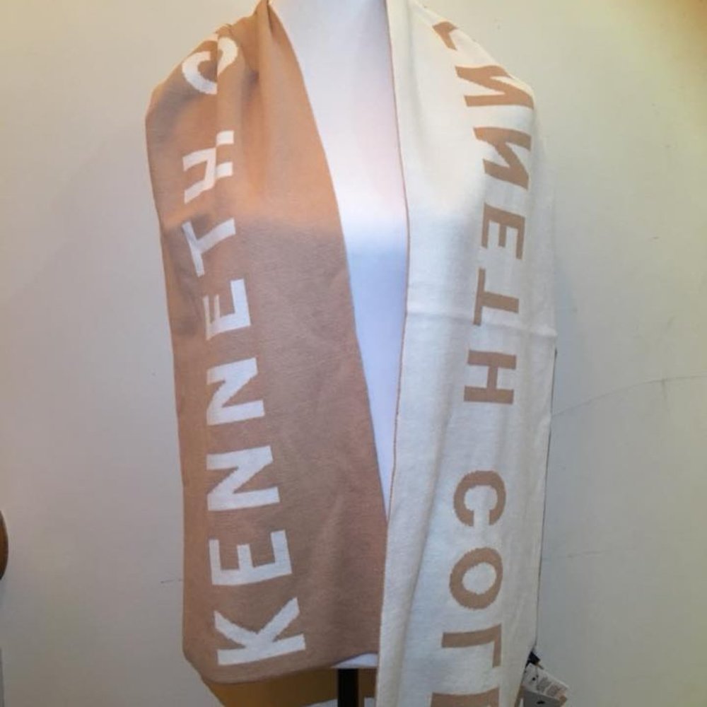 Reaction Kenneth Cole Logo Print White / Tan Long Wrap Scarf 66"x10"